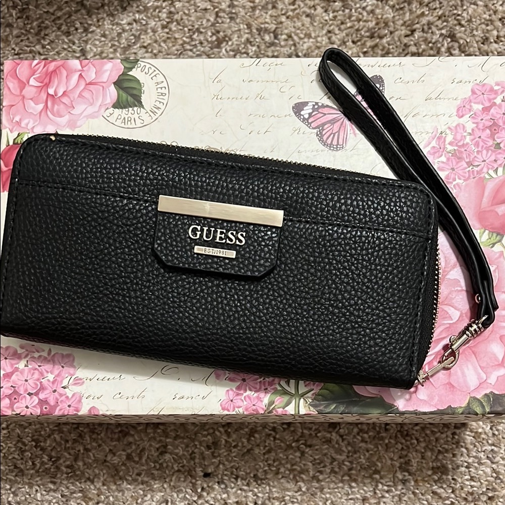 Guess Black Pebbled Wallet with Wrist Strap